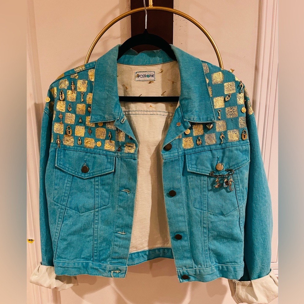 Apostrophe Turquoise Denim Jacket with Gold Checker Studs